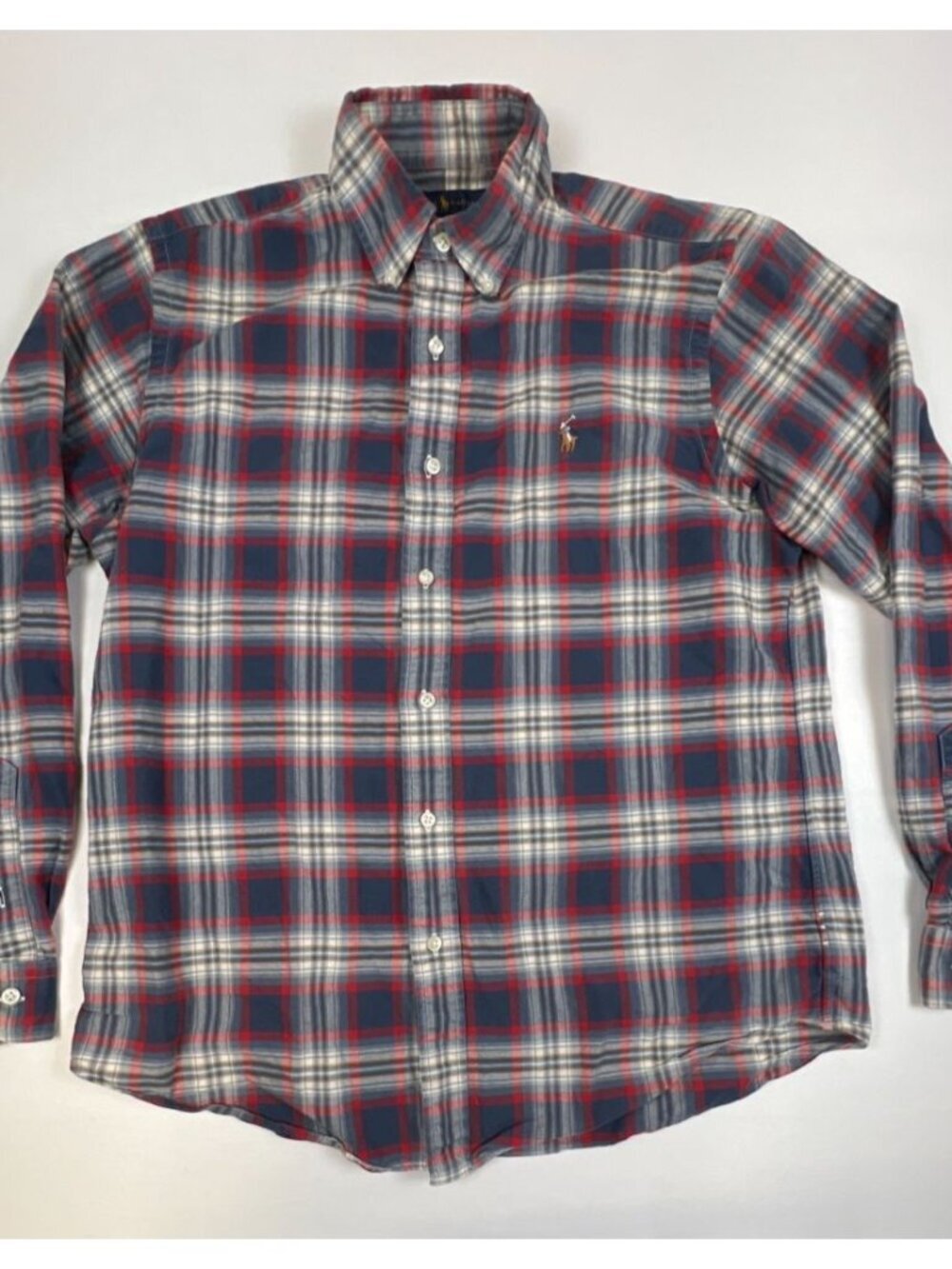 Ralph Lauren Classic Fit Plaid Flannel Shirt Men's M Red Blue Grey Long Sleeve